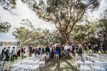 Wedding guests gather in Birchgrove before the ceremony